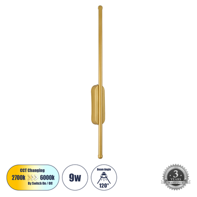 GloboStar® HARLEM 61332 Φωτιστικό Τοίχου - Απλίκα Design LED CCT 9W 1080lm 120° AC 220-240V - Εναλλαγή Φωτισμού μέσω Διακόπτη On/Off All In One Ψυχρό 6000k+Φυσικό 4500k+Θερμό 2700k Μ5 x Π4 x Υ60cm - Χρυσό - 3 Years Warranty