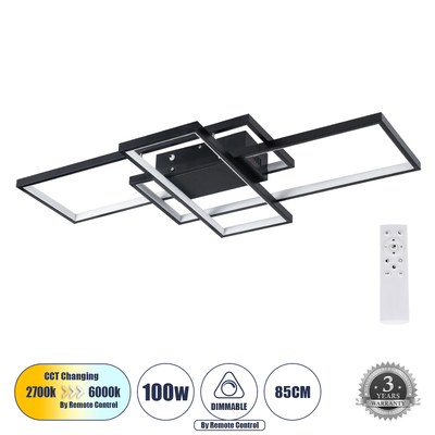 GloboStar® QUADRA 61385 Φωτιστικό Οροφής Design LED CCT 100W 12000lm 120° AC 220-240V - Εναλλαγή Φωτισμού μέσω Τηλεχειριστηρίου All In One Ψυχρό 6000k+Φυσικό 4500k+Θερμό 2700k Dimmable Μ85 x Π45 x Υ9cm - Μαύρο - 3 Years Warranty