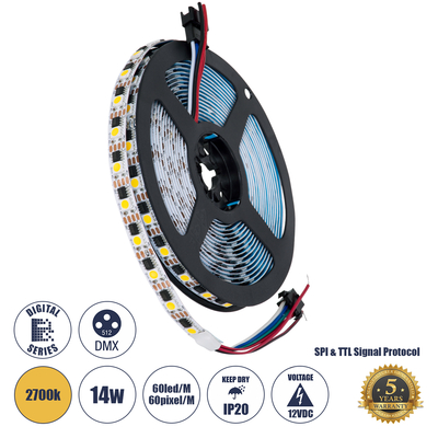 GloboStar® 90603 Digital Pixel Addressable Strip 4 PIN - Ψηφιακή Ταινία LED SMD 5050 14W/m 60LED/m 60PIXEL/m SPI/TTL Protocol IC TM1908 1296lm/m 120° DC 12V IP20 Θερμό Λευκό 2700K - Λευκό Σώμα - Μ500 x Π10 x Υ2mm - Συσκευασία 5 Μέτρων - 5 Χρόνια Εγγύηση