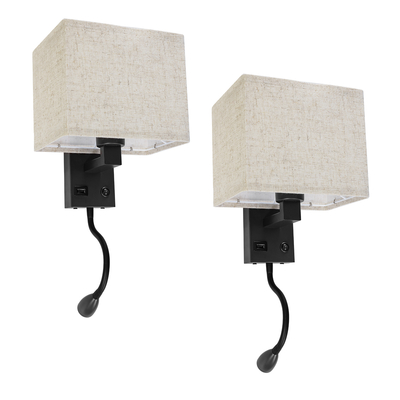 GloboStar® ROULETTE-S 61382 Μοντέρνο Φωτιστικό Τοίχου - Απλίκα Ξενοδοχείου Bed Side LED 3W 360lm & 1 x E27 36° & 360° AC 220-240V - Reading Up/Down Light - Φορτιστής USB 3A - Μ17 x Π20 x Υ37cm - Φυσικό Λευκό 4500K - Μαύρο με Μπεζ Καπέλο - Σετ 2 Τεμαχίων