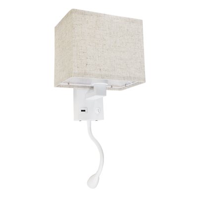 GloboStar® ROULETTE-S 61383 Μοντέρνο Φωτιστικό Τοίχου - Απλίκα Ξενοδοχείου Bed Side LED 3W 360lm & 1 x E27 36° & 360° AC 220-240V - Reading Up/Down Light - Φορτιστής USB 3A - Μ17 x Π20 x Υ37cm - Φυσικό Λευκό 4500K - Λευκό με Μπεζ Καπέλο - Σετ 2 Τεμαχίων