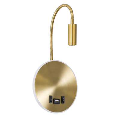 GloboStar® GOOSE 60885 Μοντέρνο Φωτιστικό Τοίχου - Απλίκα Ξενοδοχείου Bed Side LED 6W 600lm 36° & 360° AC 220-240V - Reading Light & 360° Κρυφός Φωτισμός - Φορτιστής USB 3A - Μ15.5 x Π15 x Υ30.5cm - Φυσικό Λευκό 4500K - Χρυσό Βούρτσας - 3 Xρόνια Εγγύηση