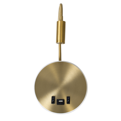 GloboStar® GOOSE 60885 Μοντέρνο Φωτιστικό Τοίχου - Απλίκα Ξενοδοχείου Bed Side LED 6W 600lm 36° & 360° AC 220-240V - Reading Light & 360° Κρυφός Φωτισμός - Φορτιστής USB 3A - Μ15.5 x Π15 x Υ30.5cm - Φυσικό Λευκό 4500K - Χρυσό Βούρτσας - 3 Xρόνια Εγγύηση