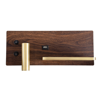 GloboStar® PALADIN 61362 Μοντέρνο Φωτιστικό Τοίχου - Απλίκα Ξενοδοχείου Bed Side LED 6W 720lm 36° AC 220-240V - Reading Light & Κρυφός Φωτισμός - Φορτιστές USB 3A & Wireless 20W - Μ30 x Π11 x Υ12cm - Φυσικό Λευκό 4500K - Ξύλο & Χρυσό - Δεξί