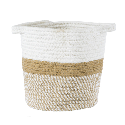 GloboStar® Artificial Garden ITHAKI 20323 Διακοσμητικό Πλεκτό Καλάθι - Κασπώ Γλάστρα - Flower Pot Καφέ με Λευκό Φ20cm x Υ20cm