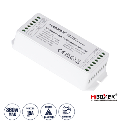 GloboStar® 71429 PA5 Mi-BOXER DC Power & Signal High Speed Amplifier Ενισχυτής Ισχύος & Σήματος Υψηλών Ταχυτήτων 5 Καναλιών DC 12-24V 5 x 6A 144W - Max 15A 360W - IP20 RGBW+WW Μ11.4 x Π4.9 x Υ2.8cm - 5 Years Warranty