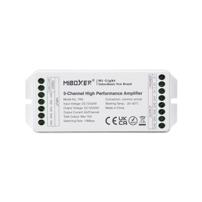 GloboStar® 71429 PA5 Mi-BOXER DC Power & Signal High Speed Amplifier Ενισχυτής Ισχύος & Σήματος Υψηλών Ταχυτήτων 5 Καναλιών DC 12-24V 5 x 6A 144W - Max 15A 360W - IP20 RGBW+WW Μ11.4 x Π4.9 x Υ2.8cm - 5 Years Warranty