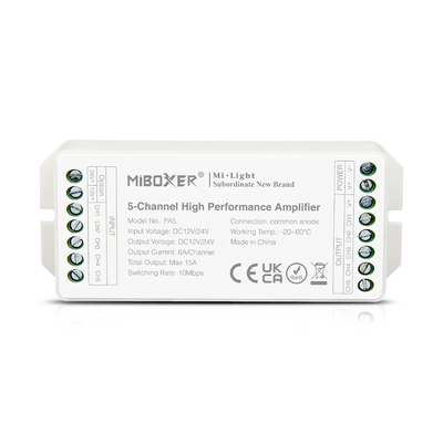 GloboStar® 71429 PA5 Mi-BOXER DC Power & Signal High Speed Amplifier Ενισχυτής Ισχύος & Σήματος Υψηλών Ταχυτήτων 5 Καναλιών DC 12-24V 5 x 6A 144W - Max 15A 360W - IP20 RGBW+WW Μ11.4 x Π4.9 x Υ2.8cm - 5 Years Warranty