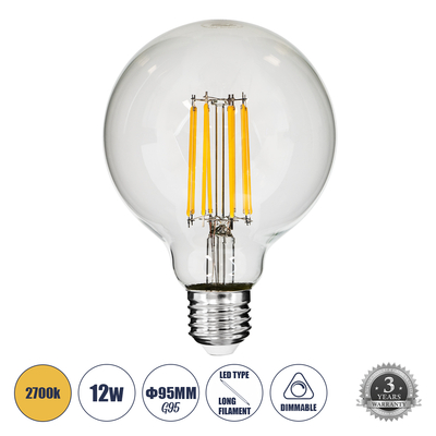 GloboStar® 99011 Λάμπα LED Long Filament E27 G95 Γλόμπος 12W 1200lm 360° AC 220-240V IP20 Φ9.5 x Υ13.5cm Θερμό Λευκό 2700K με Διάφανο Γυαλί - Dimmable - 3 Years Warranty