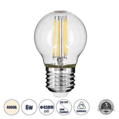 GloboStar® 99052 Λάμπα LED Long Filament E27 G45 Γλομπάκι 6W 660lm 360° AC 220-240V IP20 Φ4.5 x Υ7.5cm Φυσικό Λευκό 4000K με Διάφανο Γυαλί - Dimmable - 3 Years Warranty