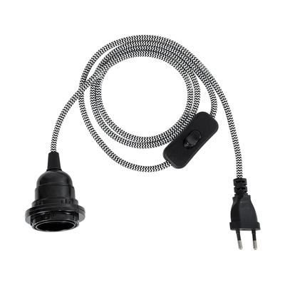 GloboStar® 77668 Μοντέρνο Κρεμαστό Φωτιστικό Ανάρτηση Μονόφωτο 1 x E27 IP2 Μαύρο & Άσπρο Ύφασμα με Μαύρο Πλαστικό - Μ5.8 x Π5.8 x Υ140cm