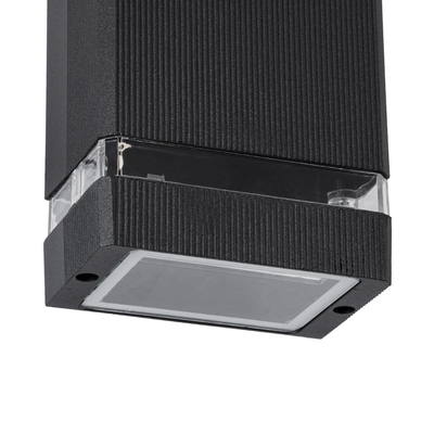 GloboStar® QUATRO 77892 Φωτιστικό Τοίχου - Απλίκα Αρχιτεκτονικού Φωτισμού Εσωτερικού/Εξωτερικού Χώρου Up or Down Μονόφωτο 1 x GU10 AC220-240V Αδιάβροχο IP65 - Σώμα Αλουμινίου & Tempered Glass - Μ11 x Π10 x Υ16.4cm - Μαύρο - 5 Years Warranty