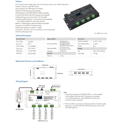 GloboStar® 71451 D12A SKYDANCE DC DMX & RDM Dimmer High Speed Controller / Decoder / Master 12 Καναλιών DC 12-24V 12 x 5A 120W - Max 60.5A 1440W - IP20 Μ25 x Π11.5 x Υ4cm - 5 Years Warranty
