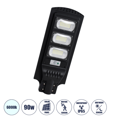GloboStar® STREETA 85343 Professional LED Solar Street Light Αυτόνομο Ηλιακό Φωτιστικό Δρόμου 90W 900lm 144 x LED SMD 5730 με Ενσωματωμένο Φωτοβολταϊκό Panel 6V 12W & Επαναφορτιζόμενη Μπαταρία Li-ion 3.2V 12000mAh με Αισθητήρα Ημέρας-Νύχτας & PIR Αισθητήρα Κίνησης - Αδιάβροχο IP65 - Ψυχρό Λευκό 6000K - Μ24 x Π6 x Υ63cm - 2 Years Warranty