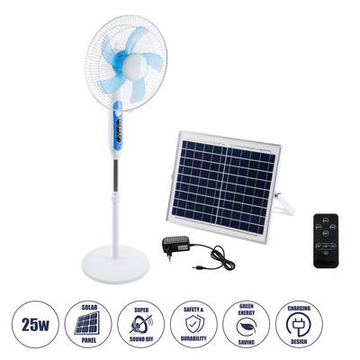 GloboStar® SOLARE-FAN 85357 Solar Fan Αυτόνομος Ηλιακός Επιδαπέδιος Ανεμιστήρας 25W 2 Λειτουργιών Ρεύματος με AC 220-240V ή με Φωτοβολταϊκό Panel 9V 15W & Επαναφορτιζόμενη Μπαταρία Li-ion 7.4V 6000mAh - 12 Ταχύτητες - Ασύρματο Χειριστήριο - Ενσωματωμένο USB 2.0 Charger Συσκευών - IP20 - Μ44 x Π37.5 x Υ132cm - Λευκό - 2 Years Warranty