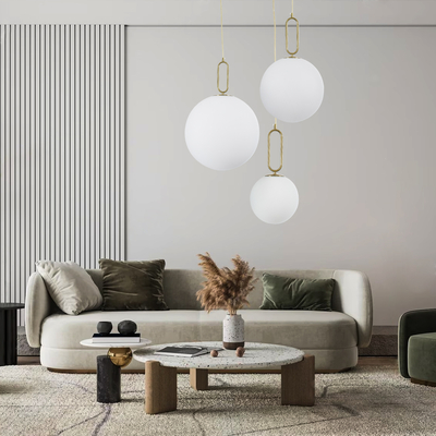 GloboStar® BELLISSIMO 61488 Μοντέρνο Κρεμαστό Φωτιστικό Μπάλα Μονόφωτο 1 x E27 IP20 Λευκό Γυαλί με Χρυσό Μέταλλο - Μ40 x Π40 x Υ62cm