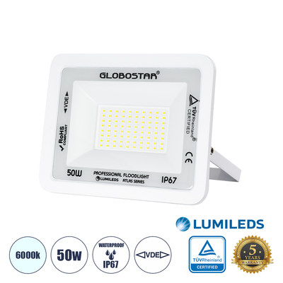 GloboStar® ATLAS 61419 Επαγγελματικός Προβολέας LED 50W 6250lm 120° AC 220-240V - Αδιάβροχος IP67 - Μ21 x Π3.5 x Υ16cm - Λευκό - Ψυχρό Λευκό 6000K - LUMILEDS Chips - TÜV Rheinland Certified - 5 Years Warranty