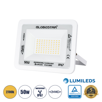 GloboStar® ATLAS 61421 Επαγγελματικός Προβολέας LED 50W 5750lm 120° AC 220-240V - Αδιάβροχος IP67 - Μ21 x Π3.5 x Υ16cm - Λευκό - Θερμό Λευκό 2700K - LUMILEDS Chips - TÜV Rheinland Certified - 5 Years Warranty