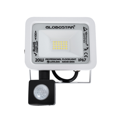 GloboStar® AURORA 61438 Επαγγελματικός Προβολέας LED 20W 2500lm 120° AC 220-240V με Ενσωματωμένο Ρυθμιζόμενο Αισθητήρα Κίνησης PIR - Αδιάβροχος IP67 - Μ12 x Π5 x Υ14.5cm - Λευκό - Ψυχρό Λευκό 6000K - LUMILEDS Chips - TÜV Rheinland Certified - 3 Years Warranty