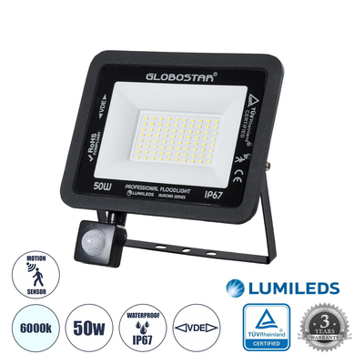 GloboStar® AURORA 61441 Επαγγελματικός Προβολέας LED 50W 6250lm 120° AC 220-240V με Ενσωματωμένο Ρυθμιζόμενο Αισθητήρα Κίνησης PIR - Αδιάβροχος IP67 - Μ21 x Π5 x Υ21cm - Μαύρο - Ψυχρό Λευκό 6000K - LUMILEDS Chips - TÜV Rheinland Certified - 3 Years Warranty