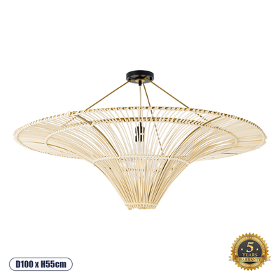 GloboStar® PALERMO 02153 Boho Φωτιστικό Οροφής Πλέγμα Μονόφωτο 1 x E27 IP20 Μπεζ Ξύλο - Μ100 x Π100 x Υ55cm