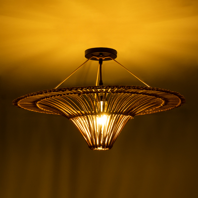 GloboStar® PALERMO 02308 Boho Φωτιστικό Οροφής Πλέγμα Μονόφωτο 1 x E27 IP20 Καφέ Ξύλο - Μ60 x Π60 x Υ36cm