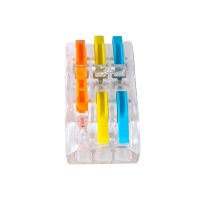 GloboStar® FAST-CONNECT 69908 Τριπλή Κλέμα Ταχείας Σύνδεσης & Διακλάδωσης Καλωδίων - 3 x Είσοδοι & 3 x Έξοδοι με Συμβατή Διατομή Καλωδίων 0.08mm² έως 2.5mm² - 250V/4KV 32A Max - Μ4 x Π4 x Υ1.5cm - Διάφανο με Πορτοκαλί, Κίτρινο & Μπλε - Πακέτο 5 Τεμαχίων - 5 Years Warranty