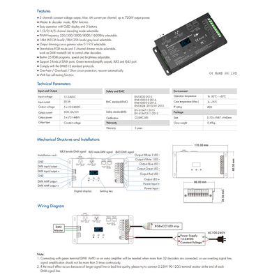 GloboStar® 71448 D5 SKYDANCE DC DMX & RDM Dimmer High Speed Controller / Decoder 5 Καναλιών DC 12-24V 5 x 6A 144W - Max 30A 864W - IP20 Μ17 x Π8 x Υ4cm - 5 Years Warranty