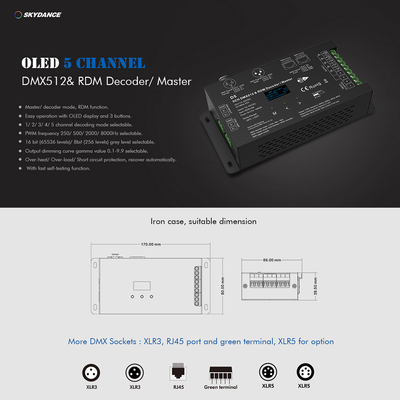 GloboStar® 71448 D5 SKYDANCE DC DMX & RDM Dimmer High Speed Controller / Decoder 5 Καναλιών DC 12-24V 5 x 6A 144W - Max 30A 864W - IP20 Μ17 x Π8 x Υ4cm - 5 Years Warranty