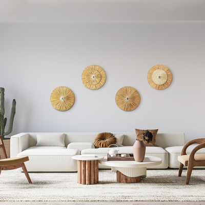 GloboStar® COLOMBO 02278 Boho Επιτοίχιο Φωτιστικό Απλίκα Μονόφωτο 1 x E27 IP20 Μπεζ Ράφια - Μ40 x Π40 x Υ9cm