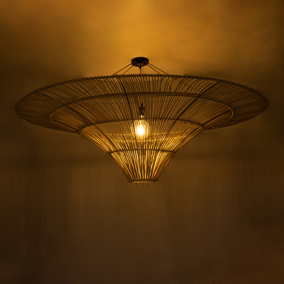 GloboStar® PALERMO 02309 Boho Φωτιστικό Οροφής Πλέγμα Μονόφωτο 1 x E27 IP20 Μπεζ Ξύλο - Μ150 x Π150 x Υ78cm