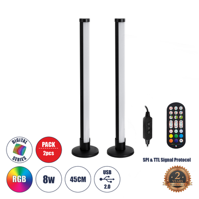 GloboStar® DIGICOLUMN 90760 Σετ 2 Μοντέρνα Επιτραπέζια Φωτιστικά Γραφείου Digital Pixel Symphony Bars LED 16W 1280lm 180° DC 5V με USB 2.0 IP20 - Εναλλαγή Φωτισμού μέσω Τηλεχειριστηρίου - Πολύχρωμα RGB - Dimmable - Μαύρο - Φ3 x Υ45cm - Συσκευασία 2 Τεμαχίων - 2 Χρόνια Εγγύηση