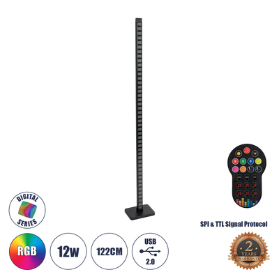 GloboStar® DIGICOLUMN 90762 Μοντέρνο Επιδαπέδιο Φωτιστικό Γραφείου Digital Pixel Rhythm Music Bar LED 12W 960lm 90° DC 5V με USB 2.0 IP20 - Εναλλαγή Φωτισμού μέσω Τηλεχειριστηρίου - Πολύχρωμο RGB - Dimmable - Μαύρο - Μ3.4 x Π2.5 x Υ122cm - 2 Χρόνια Εγγύηση