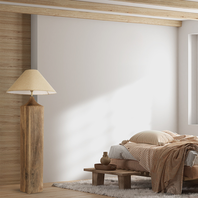 GloboStar® LAFRONTERA 02314 Boho Επιδαπέδιο Φωτιστικό Μονόφωτο 1 x E27 IP20 Καφέ Ξύλο με Μπεζ Ύφασμα - Μ55 x Π55 x Υ140cm