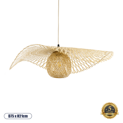 GloboStar® CINNABAR 01837 Boho Κρεμαστό Φωτιστικό Πλέγμα Μονόφωτο 1 x E27 IP20 Μπεζ Ξύλο - Μ75 x Π75 x Υ21cm