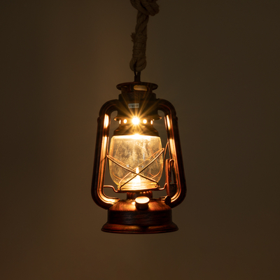 GloboStar® BARBAROSSA 01707 Vintage Κρεμαστό Φωτιστικό Ανάρτηση Μονόφωτο 1 x E27 IP20 Χάλκινο Μέταλλο, Διάφανο Γυαλί με Μπεζ Σχοινί - Μ18 x Π18 x Υ28cm