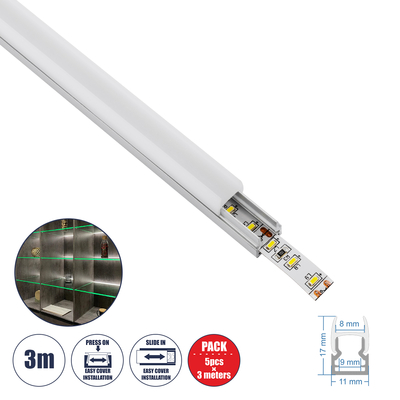 GloboStar® GLASSBOARD-PROFILE 70808-3M Προφίλ Αλουμινίου - Βάση & Ψύκτρα Ταινίας LED με Λευκό Γαλακτερό Κάλυμμα - Χρήση για Μοριακό Φωτισμό Γυαλιού Πάχους 8mm - Πατητό Κάλυμμα - Ασημί - 3 Μέτρα - Πακέτο 5 Τεμαχίων - Μ300 x Π1.1 x Υ1.7cm