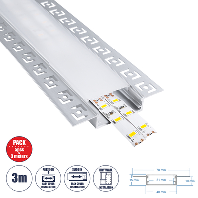 GloboStar® PLASTERBOARD-PROFILE 70861-3M Προφίλ Αλουμινίου - Βάση & Ψύκτρα Ταινίας LED με Λευκό Γαλακτερό Κάλυμμα - Χωνευτή Χρήση σε Γυψοσανίδα - Trimless - Πατητό Κάλυμμα - Ασημί - 3 Μέτρα - Πακέτο 5 Τεμαχίων - Μ300 x Π7.8 x Υ1.4cm