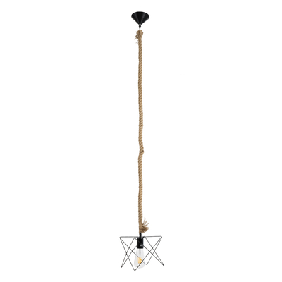 GloboStar® KAZEMI 02018 Μοντέρνο Κρεμαστό Φωτιστικό Πλέγμα Μονόφωτο 1 x E27 IP20 Μαύρο Μέταλλο με Μπεζ Σχοινί - Μ18 x Π18 x Υ17cm