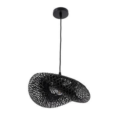 GloboStar® MEXICO 02200 Boho Κρεμαστό Φωτιστικό Πλέγμα Μονόφωτο 1 x E27 IP20 Μαύρο Ξύλο - Μ40 x Π30 x Υ13cm