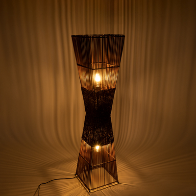 GloboStar® PALMA 02275 Boho Επιδαπέδιο Φωτιστικό Δίφωτο 2 x E27 IP20 Καφέ Ξύλο - Μ30 x Π30 x Υ130cm