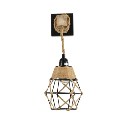 GloboStar® BELLARIVA 01961 Boho Επιτοίχιο Φωτιστικό Απλίκα Μονόφωτο 1 x E27 IP20 Μαύρο Μέταλλο, Μπεζ Σχοινί με Μπεζ Ξύλο - Μ10 x Π30 x Υ43cm
