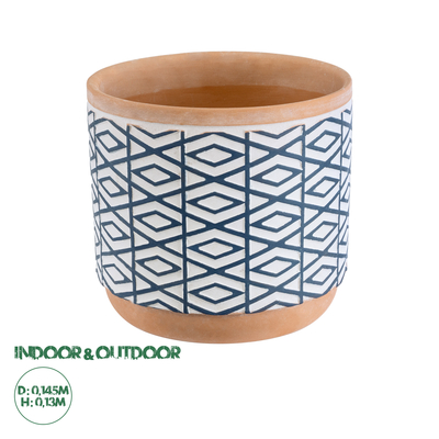 GloboStar® Artificial Garden KOLKATA 20525 Διακοσμητικό Κεραμικό Κασπώ Γλάστρα - Flower Pot Λευκό με Μπλε και Μπεζ Φ14.5 x Υ13cm