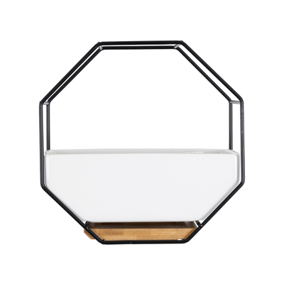 GloboStar® Artificial Garden BIANCO 20557 Διακοσμητικό Κεραμικό Κασπώ Γλάστρα - Flower Pot Λευκό με Μαύρο Μεταλλικό Πλέγμα και Καφέ Ξύλινη Βάση Μ18 x Π10 x Υ18cm