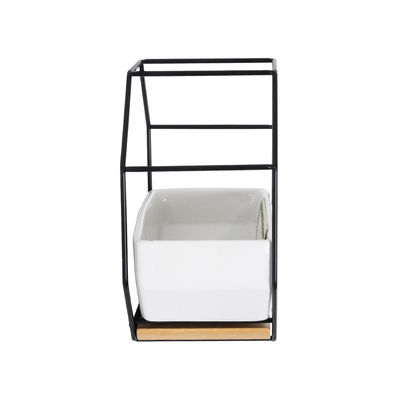 GloboStar® Artificial Garden BIANCO 20557 Διακοσμητικό Κεραμικό Κασπώ Γλάστρα - Flower Pot Λευκό με Μαύρο Μεταλλικό Πλέγμα και Καφέ Ξύλινη Βάση Μ18 x Π10 x Υ18cm