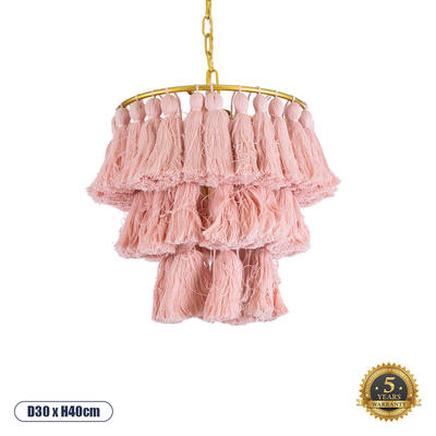 GloboStar® MISSOULA 02086 Boho Κρεμαστό Φωτιστικό Σχοινί Μονόφωτο 1 x E27 IP20 Ροζ Ύφασμα με Χρυσό Μέταλλο - Μ30 x Π30 x Υ40cm