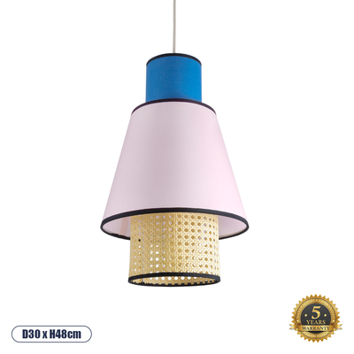 GloboStar® SAIGE 01921 Boho Κρεμαστό Φωτιστικό Πλέγμα Μονόφωτο 1 x E27 IP20 Μπεζ Ξύλο με Μπλε & Ροζ Ύφασμα - Μ30 x Π30 x Υ48cm