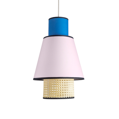 GloboStar® SAIGE 01921 Boho Κρεμαστό Φωτιστικό Πλέγμα Μονόφωτο 1 x E27 IP20 Μπεζ Ξύλο με Μπλε & Ροζ Ύφασμα - Μ30 x Π30 x Υ48cm