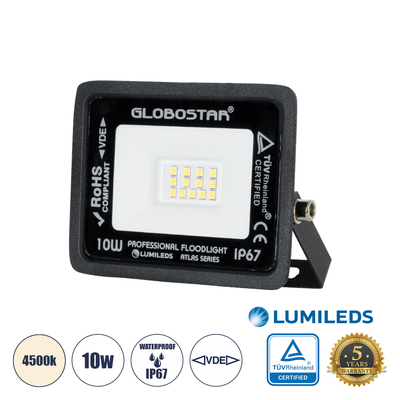 GloboStar® ATLAS 61516 Επαγγελματικός Προβολέας LED 10W 1200lm 120° AC 220-240V - Αδιάβροχος IP67 - Μ10 x Π2 x Υ8cm - Μαύρο - Φυσικό Λευκό 4500K - LUMILEDS Chips - TÜV Rheinland Certified - 5 Χρόνια Εγγύηση