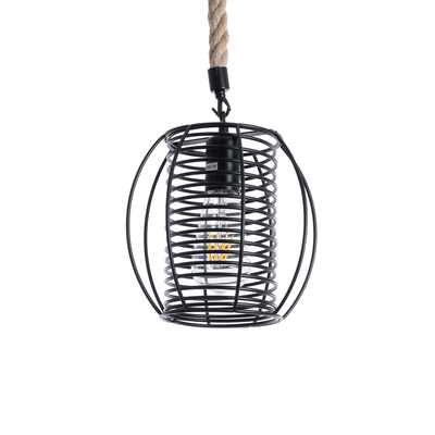 GloboStar® ORVAL 01689 Μοντέρνο Κρεμαστό Φωτιστικό Πλέγμα Μονόφωτο 1 x E27 IP20 Μαύρο Μέταλλο με Μπεζ Σχοινί - Μ20 x Π20 x Υ20cm